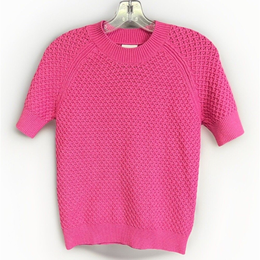 Varley Womens Lucy sweater short sleeve pink textured knit raglan sleeve XXS